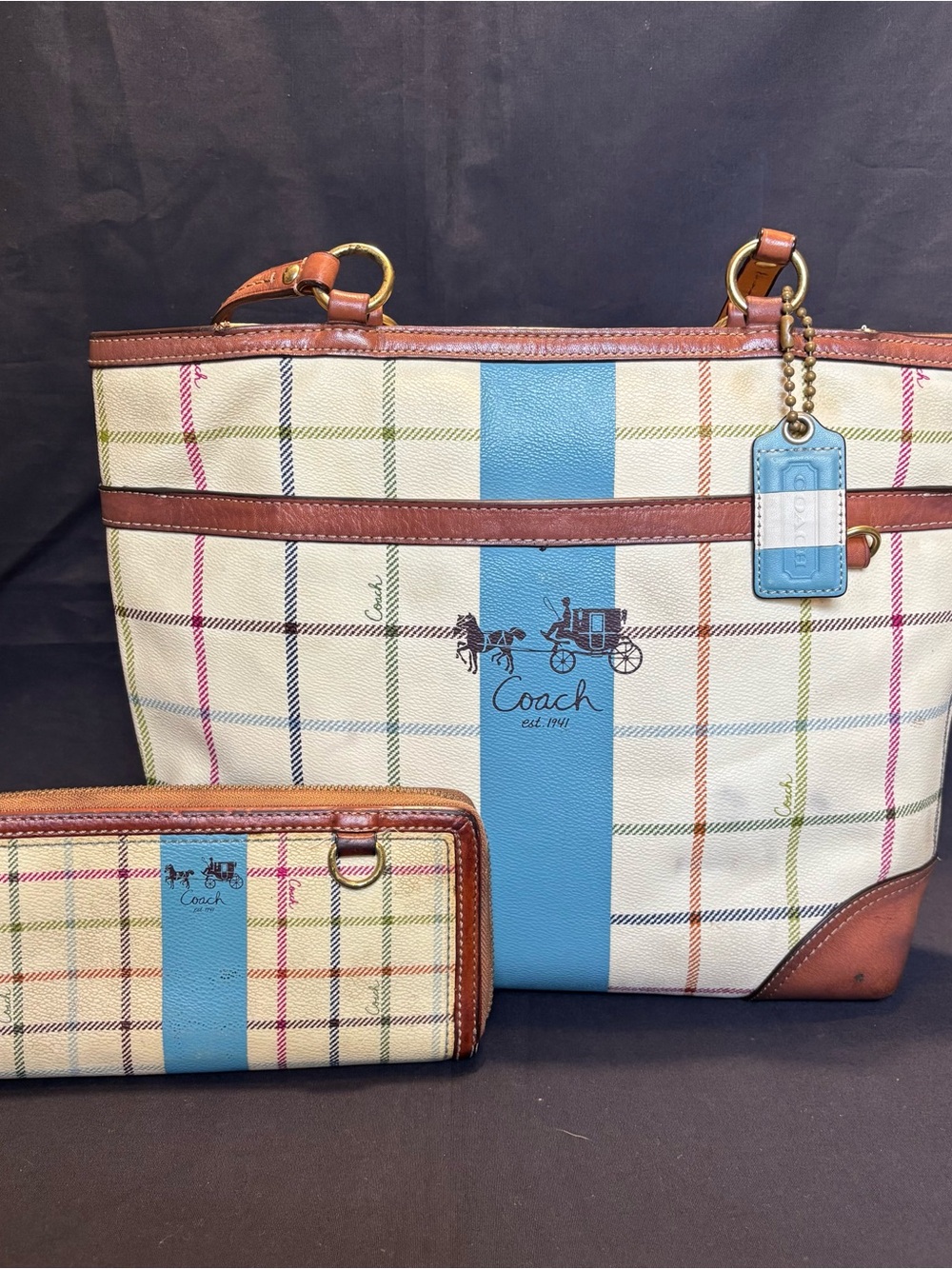Vtg Coach Heritage Tattersall Plaid Coated Canvas Tote & Wallet with Blue Stripe